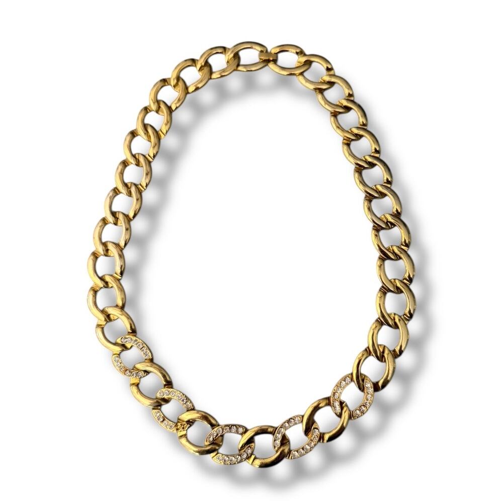 Gold Tone Oval Link Chain Necklace Pavé Crystal Accents 19” Statement Collar